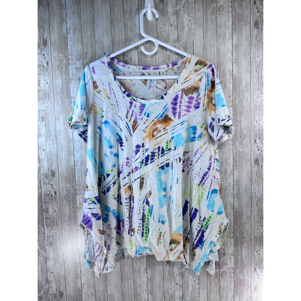 Saint Tropez Blouse West Women's Plus Sz‎ 1X White Multicolor Tie Die Raw Edges